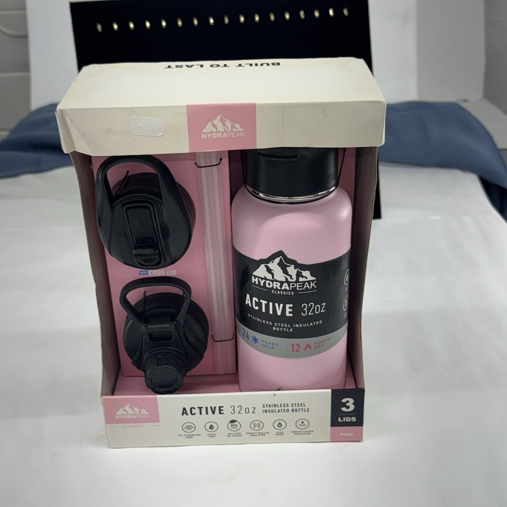 HYDRAPEAK Active 32 Ounce Stainless Steel Insulated Water Bottle Set Pink